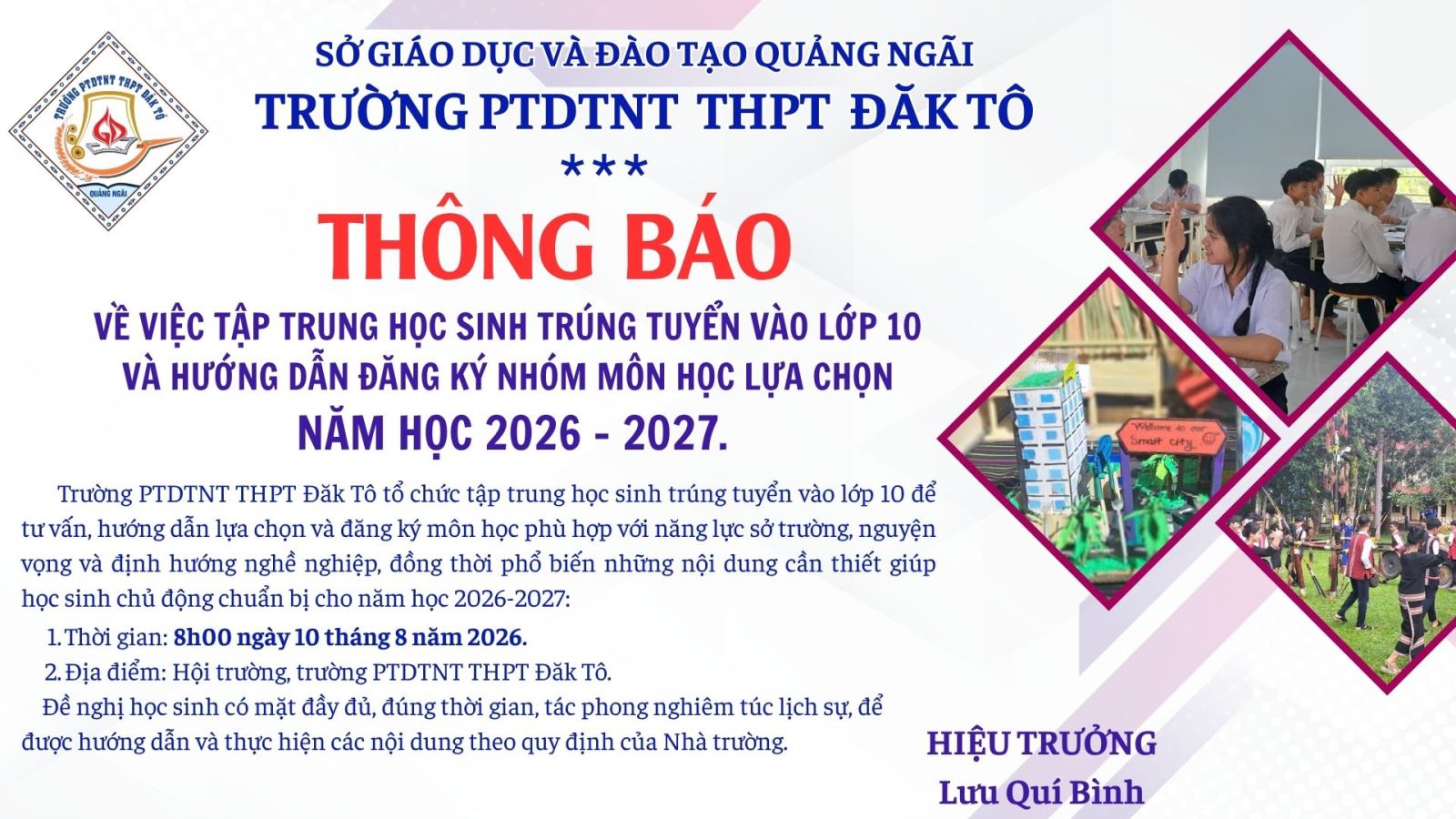 THÔNG BÁO VỀ VIỆC TẬP TRUNG HỌC SINH TRÚNG TUYỂN VÀO LỚP 10 VÀ HƯỚNG DẪN ĐĂNG KÝ NHÓM MÔN HỌC LỰA CHỌN NĂM HỌC 2026 - 2027